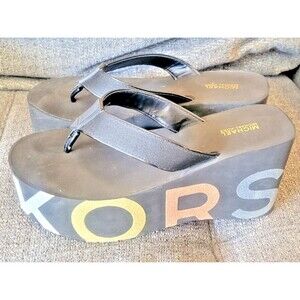 Michael Kors Signature The Benny Black Wedge Flip Flop Sandal Size 8